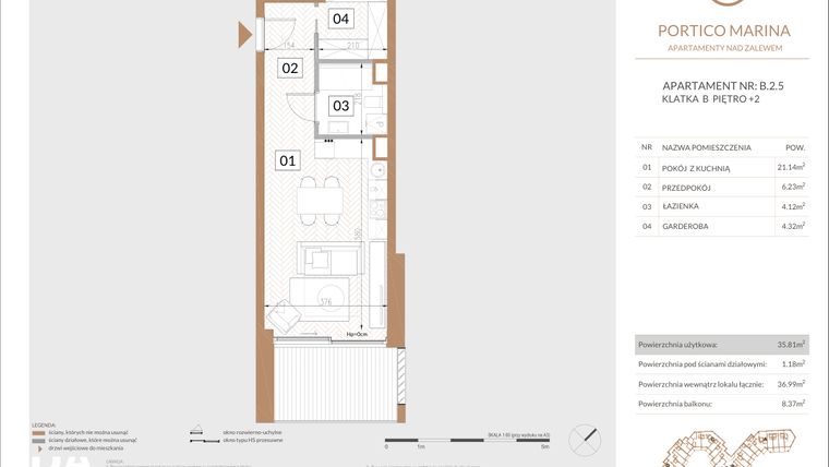 Rzut - Mieszkanie na sprzedaż 1 pokój o powierzchni 36,73 m² - numer B.2.5 w Portico Marina