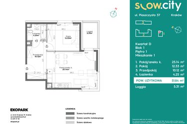 Rzut - Mieszkanie na sprzedaż 2 pokoje o powierzchni 51,84 m² - numer D1-1 w Slow City etap D