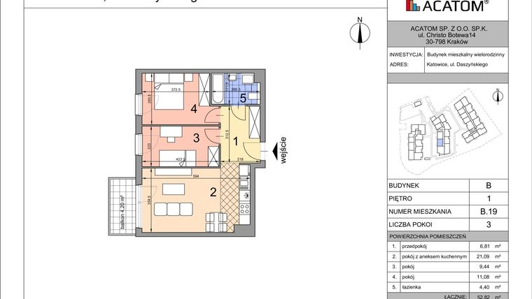 Rzut - Mieszkanie na sprzedaż 3 pokoje o powierzchni 52,82 m² - numer B19 w Daszyńskiego Park