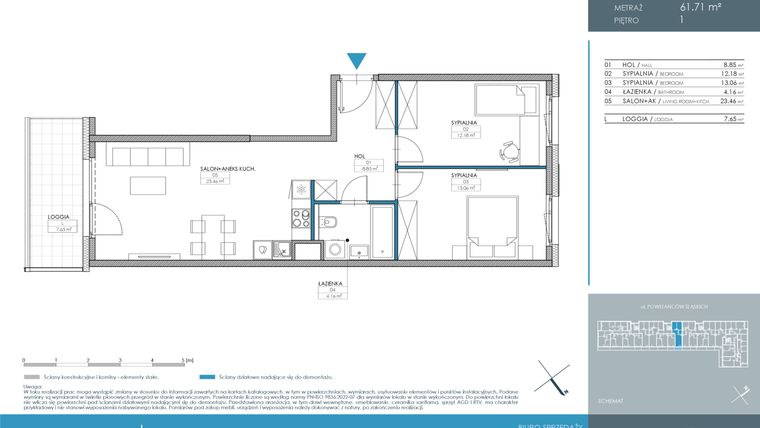 Rzut - Mieszkanie na sprzedaż 3 pokoje o powierzchni 61,71 m² - numer 1.2.1.04 w Nordic Powstańców Śląskich