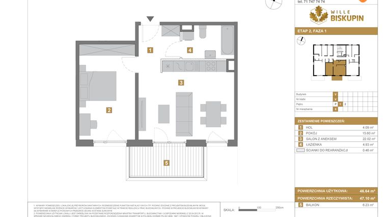 Rzut - Mieszkanie na sprzedaż 2 pokoje o powierzchni 46,64 m² - numer V5 w Wille Biskupin Etap 2.1
