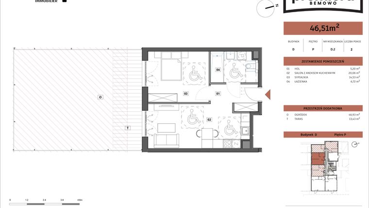 Rzut - Mieszkanie na sprzedaż 2 pokoje o powierzchni 46,51 m² - numer D.02 w Premiera Bemowo