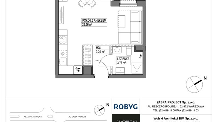 Rzut - Mieszkanie na sprzedaż 1 pokój o powierzchni 32,32 m² - numer B2M09 w Pas Startowy bud. A i B