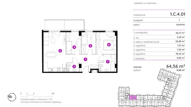 Rzut - Mieszkanie na sprzedaż 4 pokoje o powierzchni 64,56 m² - numer 1.C.4.01 w Murapol Scarpa
