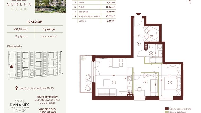 Rzut - Mieszkanie na sprzedaż 3 pokoje o powierzchni 60,92 m² - numer K.M.2.05 w Sereno Park