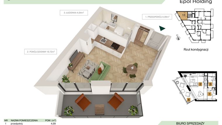 Rzut - Mieszkanie na sprzedaż 1 pokój o powierzchni 28,45 m² - numer B4.M11 w Tutaj Bunscha