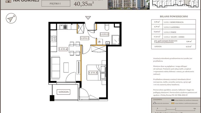 Rzut - Mieszkanie na sprzedaż 2 pokoje o powierzchni 39,31 m² - numer M11 w Osiedle Na Górnej etap V