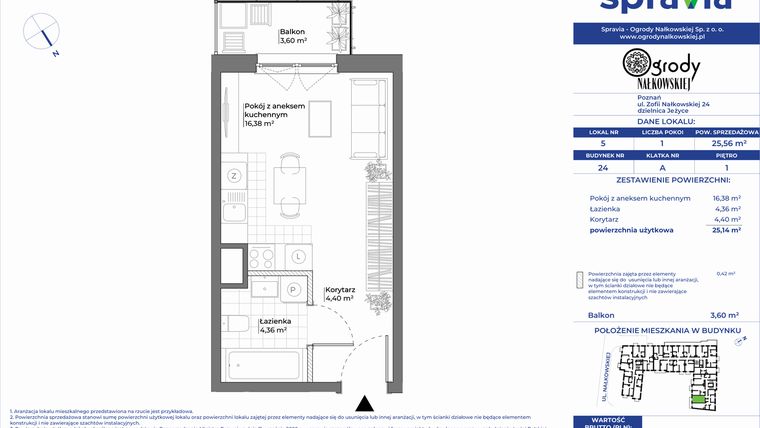 Rzut - Mieszkanie na sprzedaż 1 pokój o powierzchni 25,56 m² - numer 24/5 w Ogrody Nałkowskiej