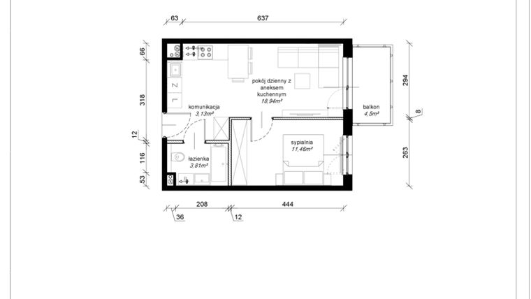 Rzut - Mieszkanie na sprzedaż 2 pokoje o powierzchni 37,34 m² - numer F.3.32.2a w Art.Teo etap 3