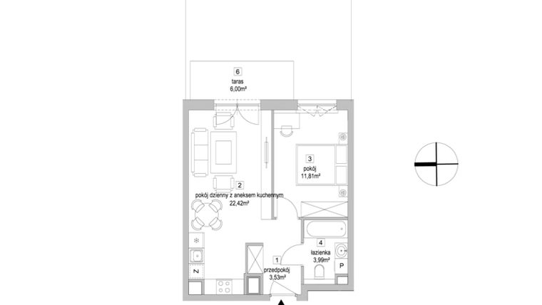 Rzut - Mieszkanie na sprzedaż 2 pokoje o powierzchni 41,75 m² - numer 9.1.5 w Osiedle Przyjemne IV