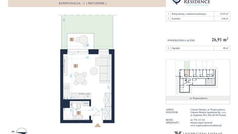 Rzut - Mieszkanie na sprzedaż 1 pokój o powierzchni 26,91 m² - numer 2 w Wypoczynkowa Residence - apartamenty inwestycyjne