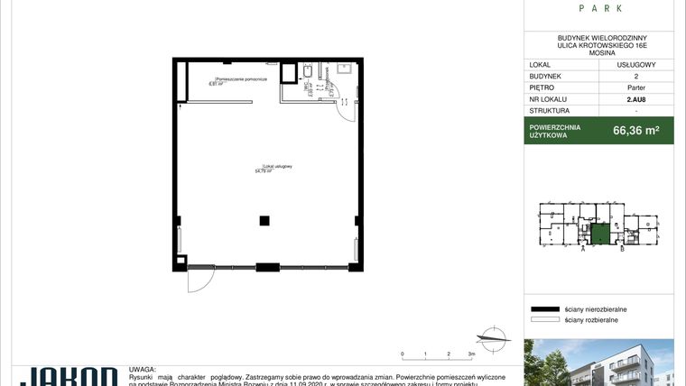 Rzut - Lokal użytkowy na sprzedaż 1 pokój o powierzchni 66,36 m² - numer 2.AU8 w Mosina Park