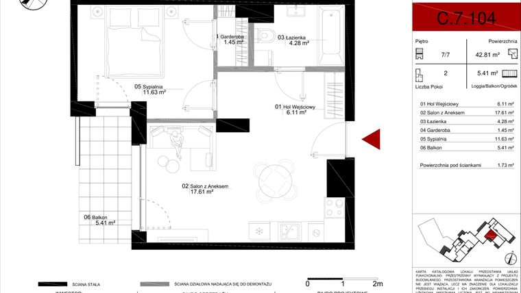 Rzut - Mieszkanie na sprzedaż 2 pokoje o powierzchni 42,81 m² - numer C.7.104 w Osiedle Wilanowska