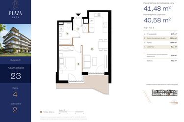 Rzut - Mieszkanie na sprzedaż 2 pokoje o powierzchni 41,48 m² - numer B5M23 w Plaza City