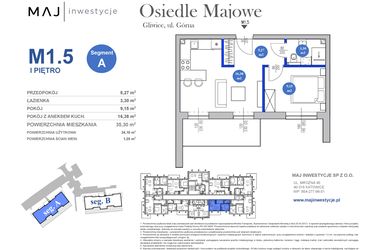 Rzut - Mieszkanie na sprzedaż 2 pokoje o powierzchni 34,1 m² - numer M1.5 w Osiedle Majowe 2.0 etap II
