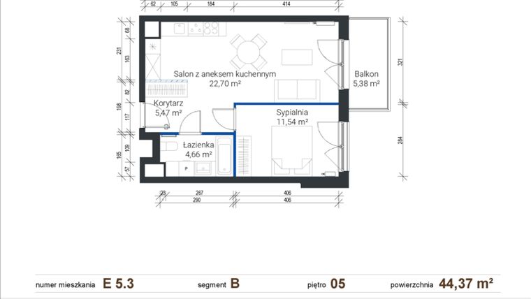 Rzut - Mieszkanie na sprzedaż 2 pokoje o powierzchni 44,37 m² - numer E 5.3 w Nowe Zabłocie