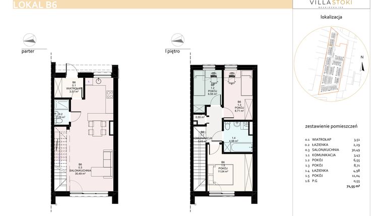 Rzut - Dom na sprzedaż 4 pokoje o powierzchni 71,55 m² - numer B6 w Villa Stoki (domy)