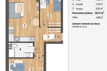 Rzut - Mieszkanie na sprzedaż 3 pokoje o powierzchni 60,53 m² - numer G1-09 w Smolec pod Wrocławem Dobry Deweloper Milo