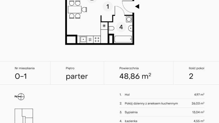 Rzut - Mieszkanie na sprzedaż 2 pokoje o powierzchni 48,86 m² - numer 0-1 w Pączka 1