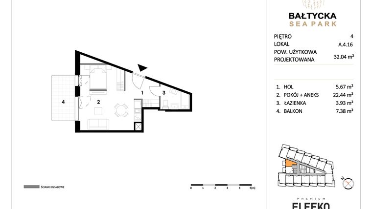 Rzut - Mieszkanie na sprzedaż 1 pokój o powierzchni 32,04 m² - numer A.4.16 w Bałtycka Sea Park