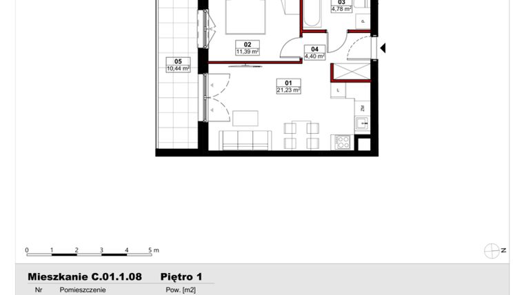 Rzut - Mieszkanie na sprzedaż 2 pokoje o powierzchni 41,8 m² - numer C01.1.08 w Skwer Witosa