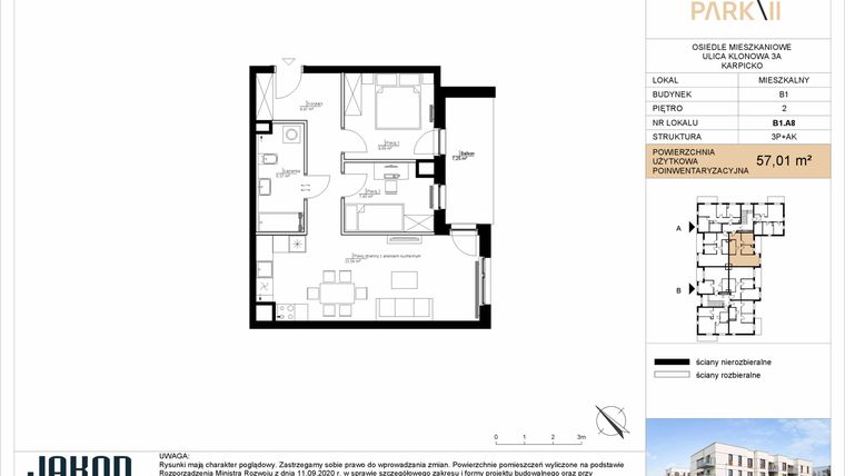 Rzut - Mieszkanie na sprzedaż 3 pokoje o powierzchni 57,01 m² - numer B1.A8 w Merano Park II