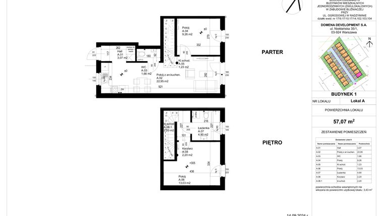 Rzut - Mieszkanie na sprzedaż 3 pokoje o powierzchni 57,07 m² - numer 1A w Osiedle Ogrodowa