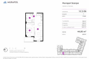 Rzut - Mieszkanie na sprzedaż 2 pokoje o powierzchni 44,85 m² - numer 1.C.2.06 w Murapol Scarpa