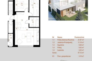 Rzut - Mieszkanie na sprzedaż 4 pokoje o powierzchni 57,12 m² - numer 12.1 w Osiedle Dębowe