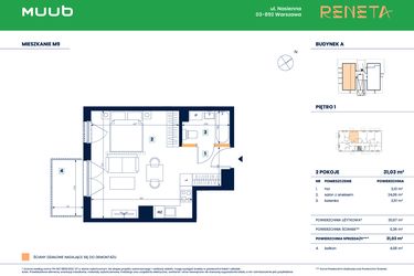 Rzut - Mieszkanie na sprzedaż 1 pokój o powierzchni 31,03 m² - numer M09 w Reneta