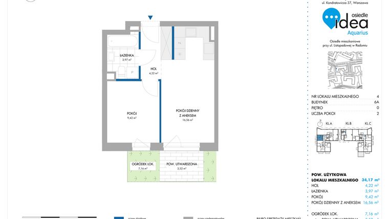 Rzut - Mieszkanie na sprzedaż 2 pokoje o powierzchni 34,17 m² - numer 6A/4 w Osiedle Idea Aquarius