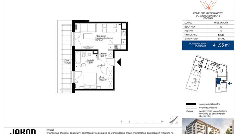 Rzut - Mieszkanie na sprzedaż 2 pokoje o powierzchni 41,95 m² - numer E.A27 w Wieruszowska E