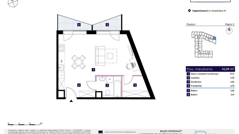 Rzut - Mieszkanie na sprzedaż 1 pokój o powierzchni 42,89 m² - numer 15/12 w Osiedle Neonowe