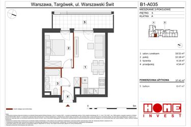 Rzut - Mieszkanie na sprzedaż 2 pokoje o powierzchni 37,41 m² - numer B1-A035 w Warszawski Świt etap VIII