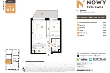 Rzut - Mieszkanie na sprzedaż 2 pokoje o powierzchni 40,16 m² - numer 14 w Nowy Sosnowiec