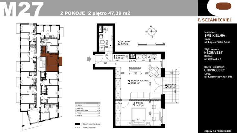 Rzut - Mieszkanie na sprzedaż 2 pokoje o powierzchni 47,39 m² - numer M27 w Sczanieckiej 8
