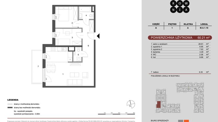 Rzut - Mieszkanie na sprzedaż 3 pokoje o powierzchni 60,21 m² - numer M.A.1.018 w CUKROWNIA