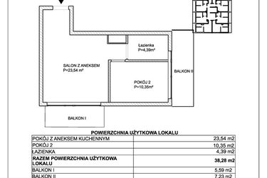 Rzut - Mieszkanie na sprzedaż 2 pokoje o powierzchni 38,28 m² - numer M11 w SUNDAY Resort Ustronie Morskie II