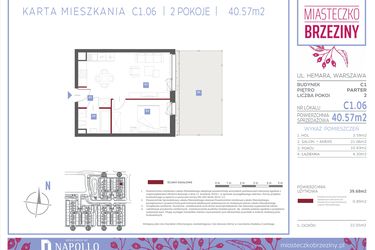 Rzut - Mieszkanie na sprzedaż 2 pokoje o powierzchni 40,57 m² - numer C1.06 w Miasteczko Brzeziny II
