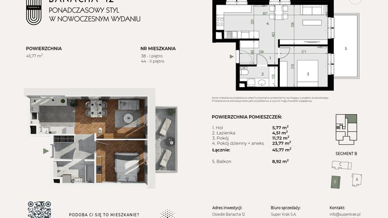 Rzut - Mieszkanie na sprzedaż 2 pokoje o powierzchni 45,77 m² - numer 38 w Banacha 12