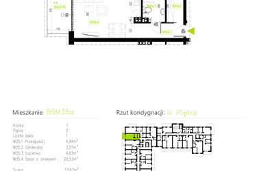 Rzut - Mieszkanie na sprzedaż 1 pokój o powierzchni 33,67 m² - numer B5M35a w Osiedle Natura Park etap II