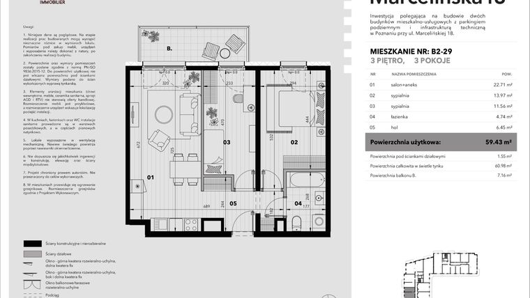 Rzut - Mieszkanie na sprzedaż 3 pokoje o powierzchni 59,43 m² - numer B2-29 w Marcelińska 18
