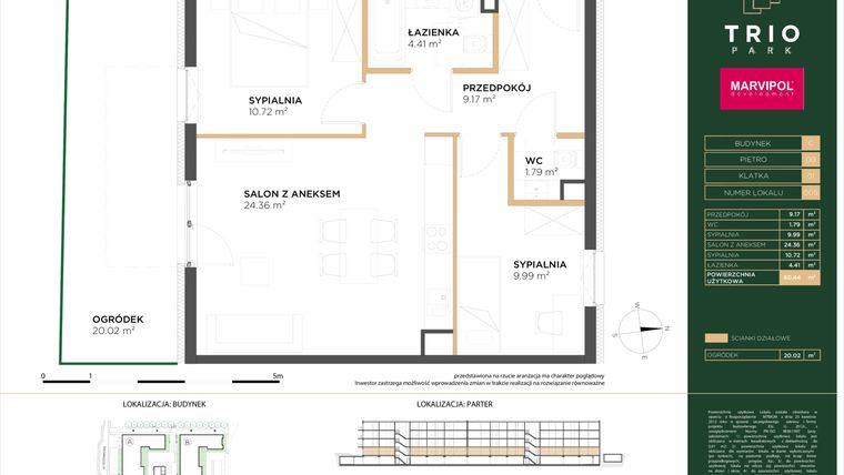 Rzut - Mieszkanie na sprzedaż 3 pokoje o powierzchni 60,44 m² - numer C005 w Trio Park bud. C