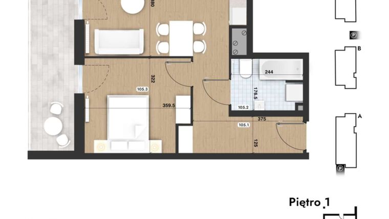 Rzut - Mieszkanie na sprzedaż 2 pokoje o powierzchni 43,27 m² - numer 105 w Słomczyńskiego Widoki