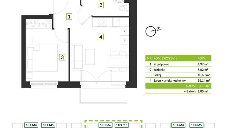 Rzut - Mieszkanie na sprzedaż 2 pokoje o powierzchni 36,13 m² - numer 1K3 M8 w Osiedle Krzeptów przy lesie