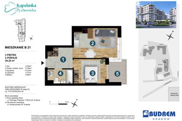 Rzut - Mieszkanie na sprzedaż 2 pokoje o powierzchni 38,25 m² - numer B21 w Kapelanka-Pychowicka Etap III