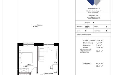 Rzut - Mieszkanie na sprzedaż 2 pokoje o powierzchni 36,45 m² - numer 10C/4 w Jasielska 8C etap II