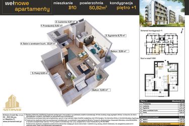 Rzut - Mieszkanie na sprzedaż 3 pokoje o powierzchni 50,92 m² - numer B10 w Osiedle Wełnowe Apartamenty