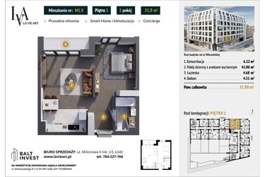Rzut - Mieszkanie na sprzedaż 1 pokój o powierzchni 51,9 m² - numer M1.9 w La Vie Art