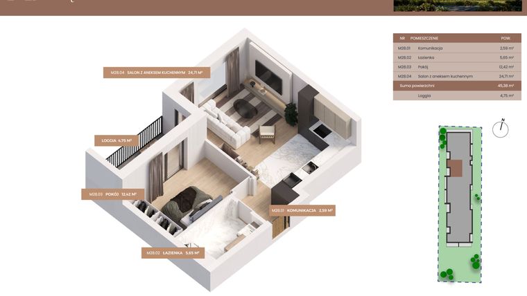 Rzut - Mieszkanie na sprzedaż 2 pokoje o powierzchni 45,38 m² - numer 28 w Apartamenty Częstochowska